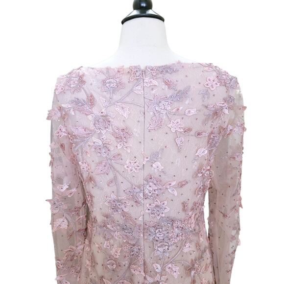 Mac Duggal 70224 Pink Floral Applique Long Sleeve Illusion Gown 10 - Picture 9 of 10